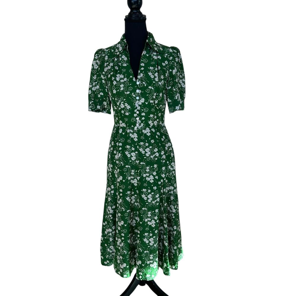 L.K. Bennett Green Floral Midi Shirt Dress SIZE 6 Silk Retro Work Designer $675 - Picture 8 of 13
